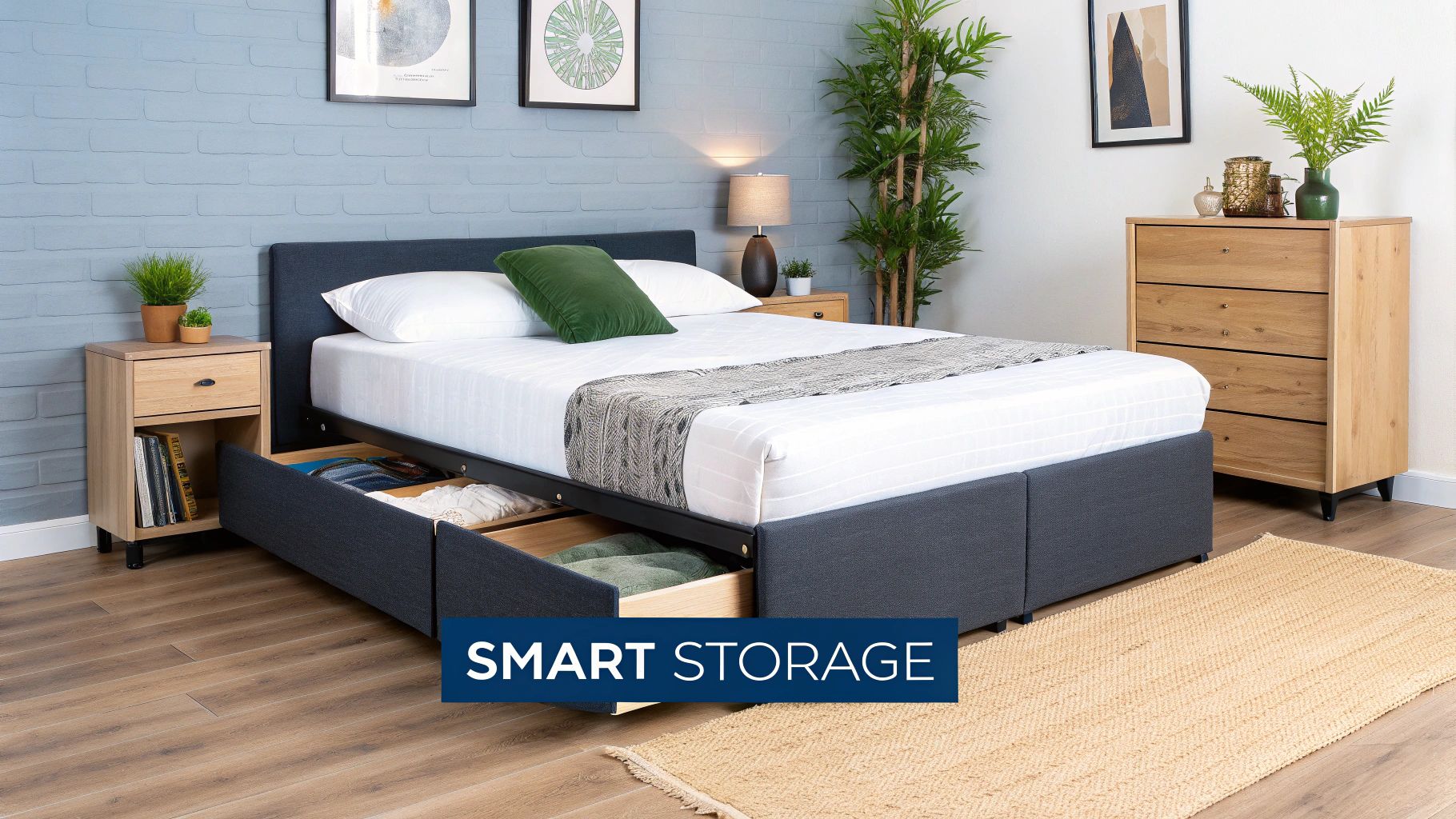 A stylish double bed frame with built-in storage drawers, set in a modern Sydney bedroom.