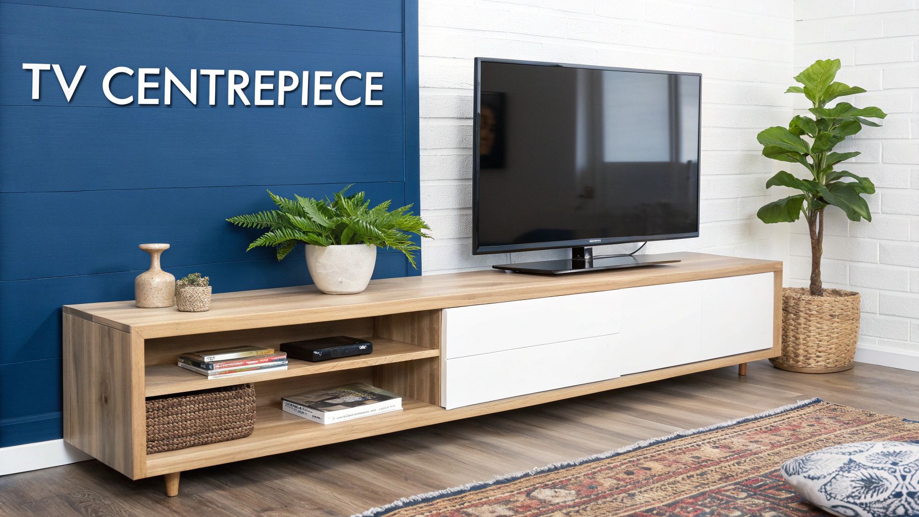 A modern wooden TV console with a black flat-screen TV, green plants, and decorative items in a living room.