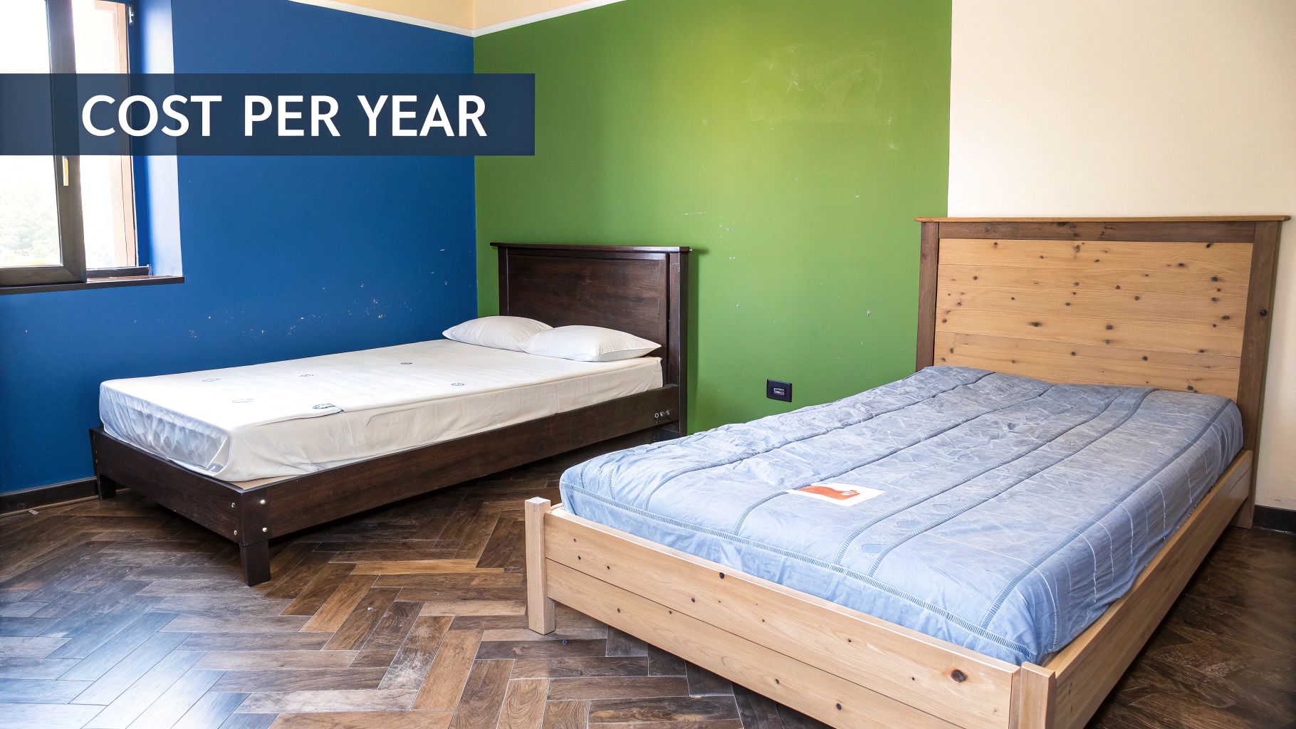 A room with two single beds, one dark wood and one light wood, against blue and green walls.