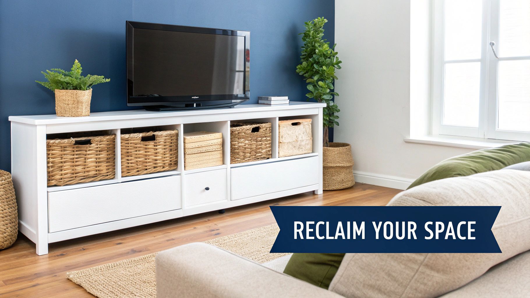 A neat living room featuring a white media console with wicker storage baskets, drawers, a TV, and a green plant.