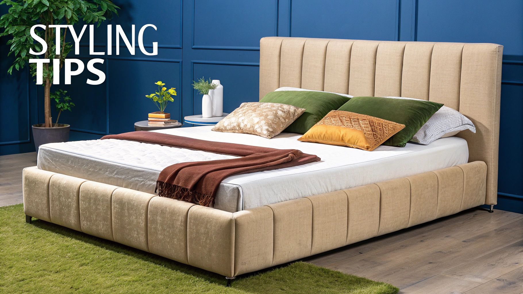 A stylish double bed in a well-decorated bedroom