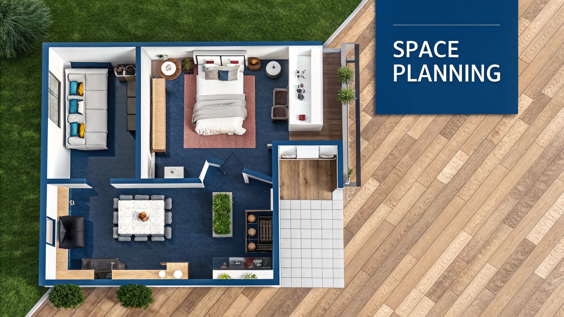 A well-laid-out bedroom with ample walking space around a large bed.
