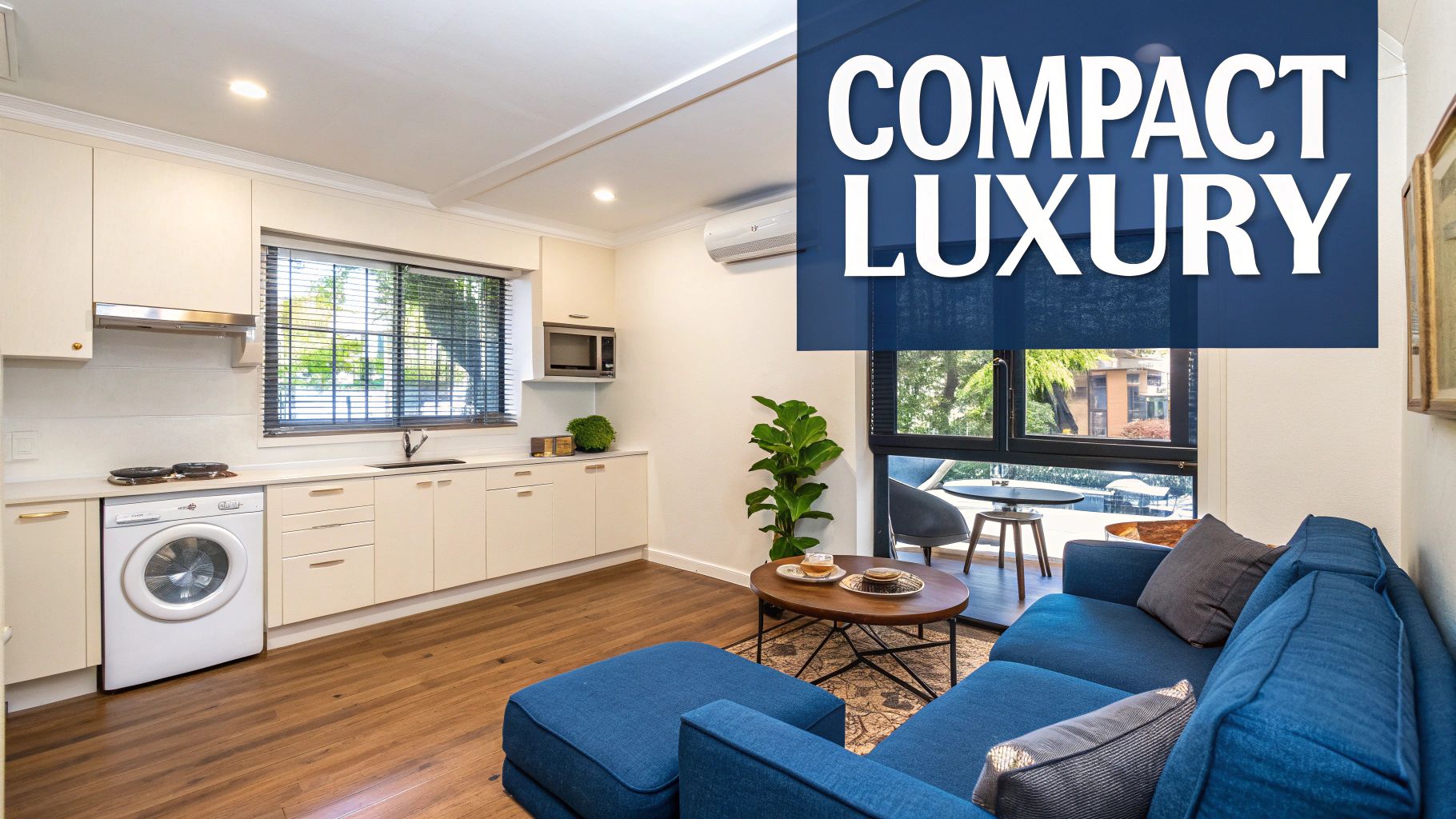 A stylishly furnished small living room with a modern grey sofa, a sleek coffee table, and a TV unit, showcasing how to maximize space and elegance.