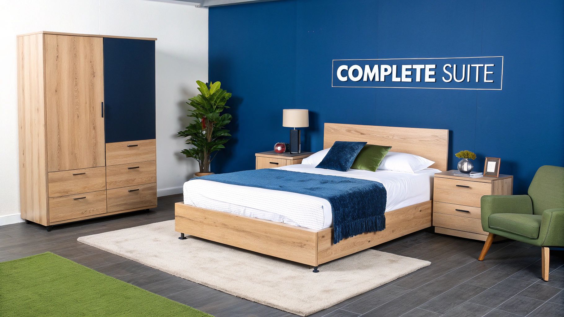 A cohesive bedroom suite with a king bed with storage and matching furniture.