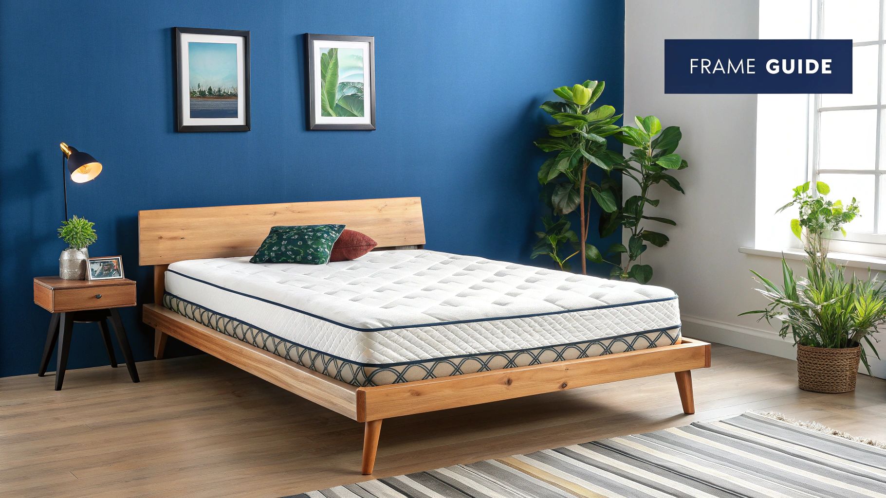 A stylish wooden bed frame in a modern bedroom, showcasing how the right frame complements the mattress.
