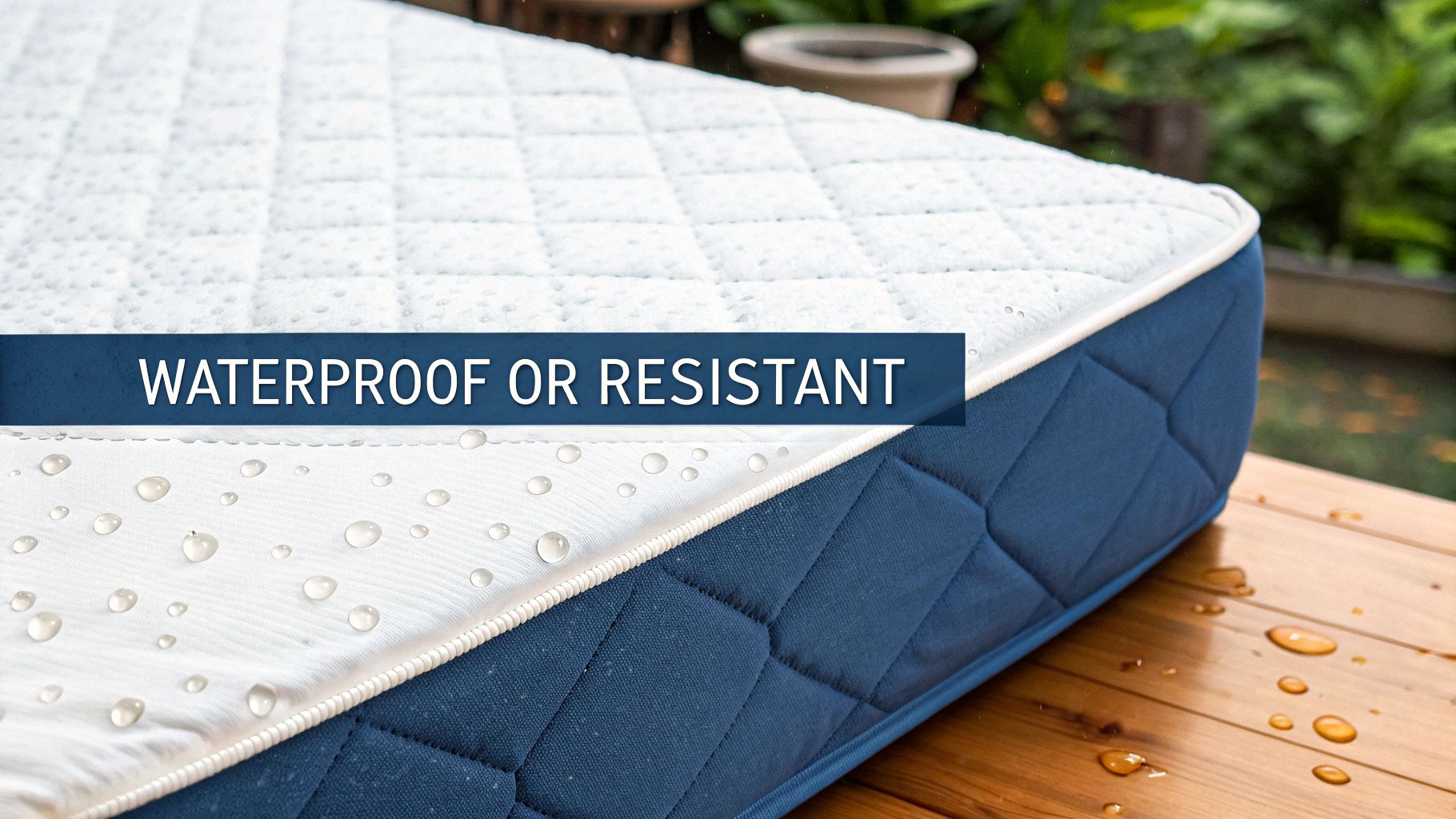 White quilted mattress protector with water droplets on its surface on a wooden table.