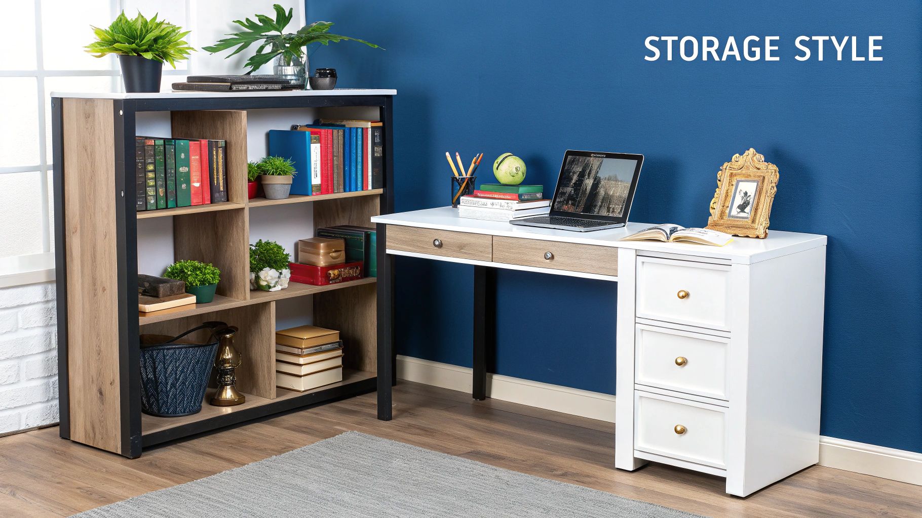 A modern study desk with drawers, shelves, and a laptop.