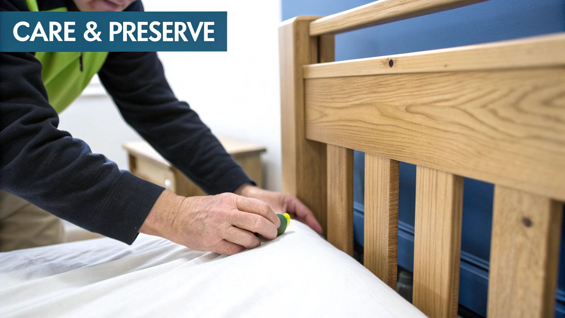 Close-up of the beautiful grain on a timber bed frame.