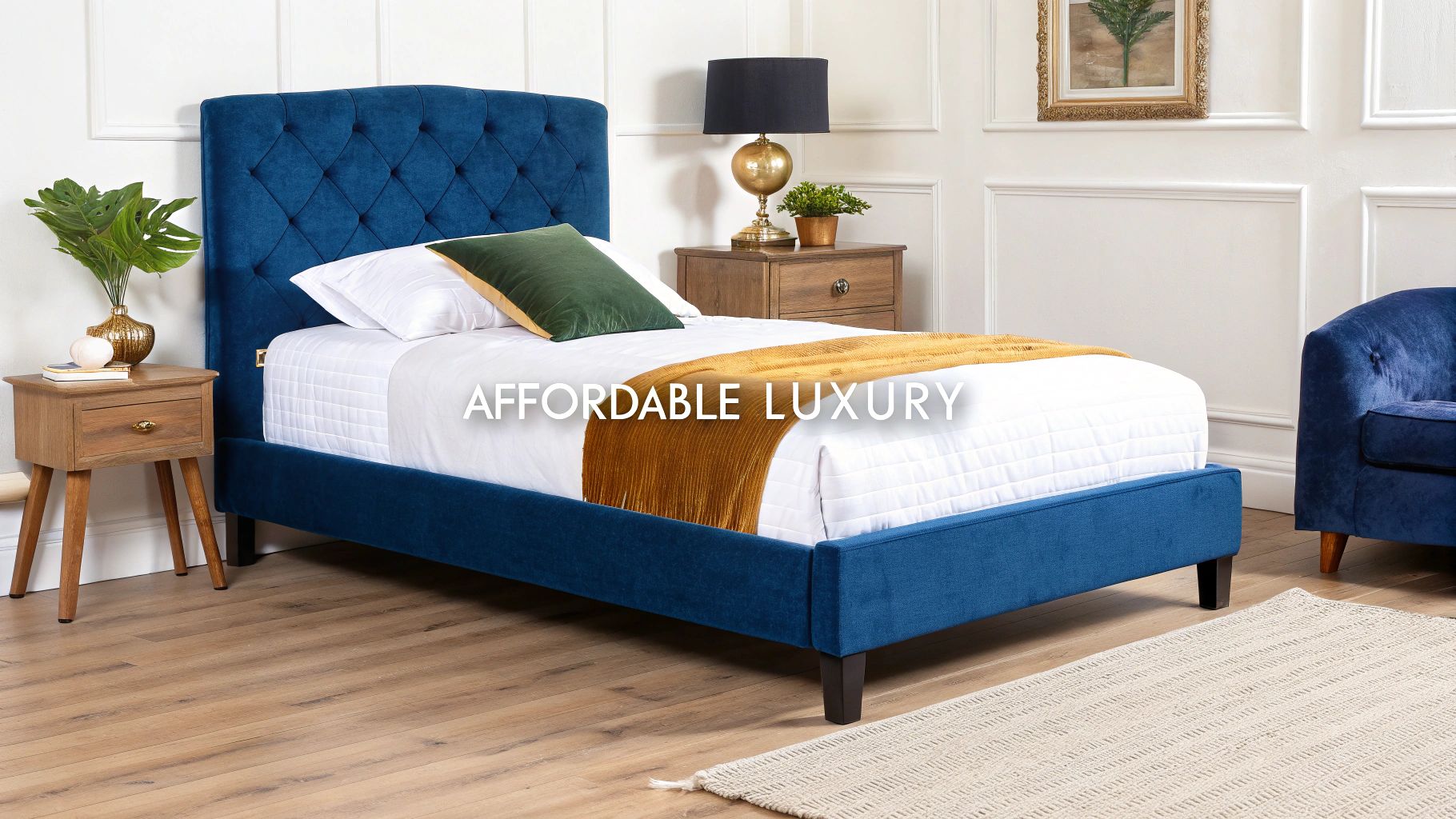 A beautifully styled bedroom with a single bed, elegant bedding, and complementary decor.