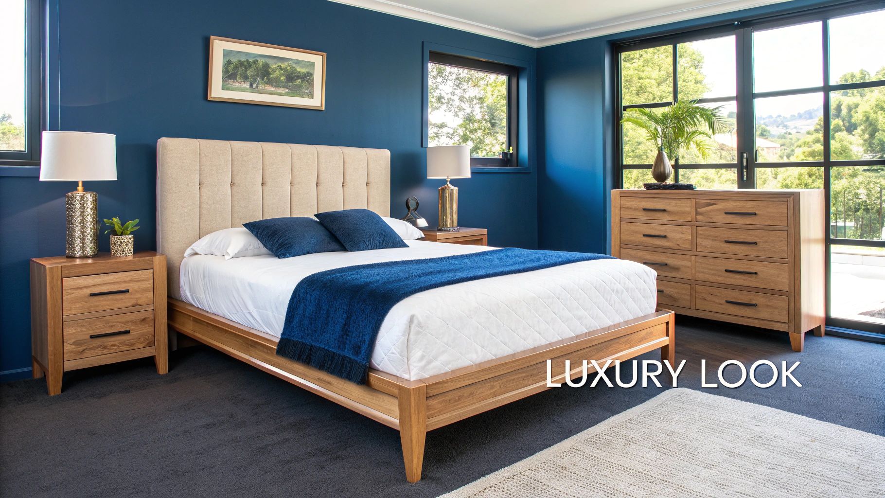 Close-up of a luxurious upholstered headboard on a bed frame