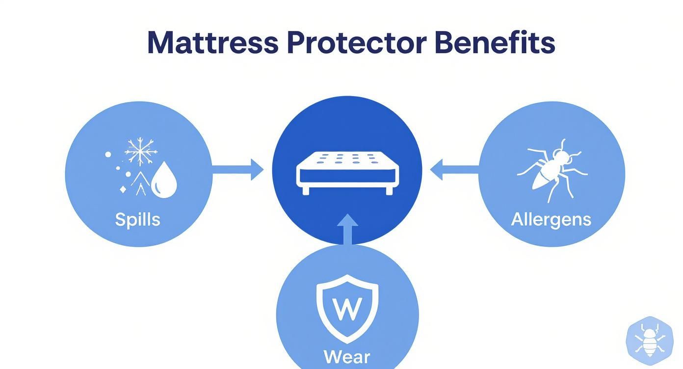 An infographic illustrating the benefits of a mattress protector, protecting against spills, allergens, and wear.