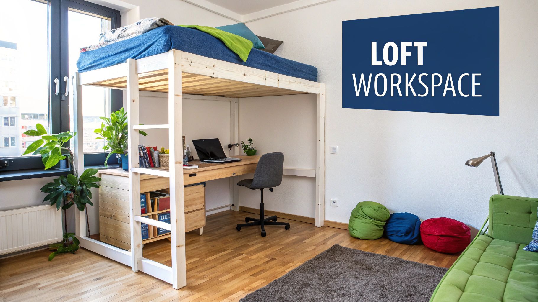 A stylish compact bedroom with a loft bed over a wooden desk and chair, creating a functional workspace.
