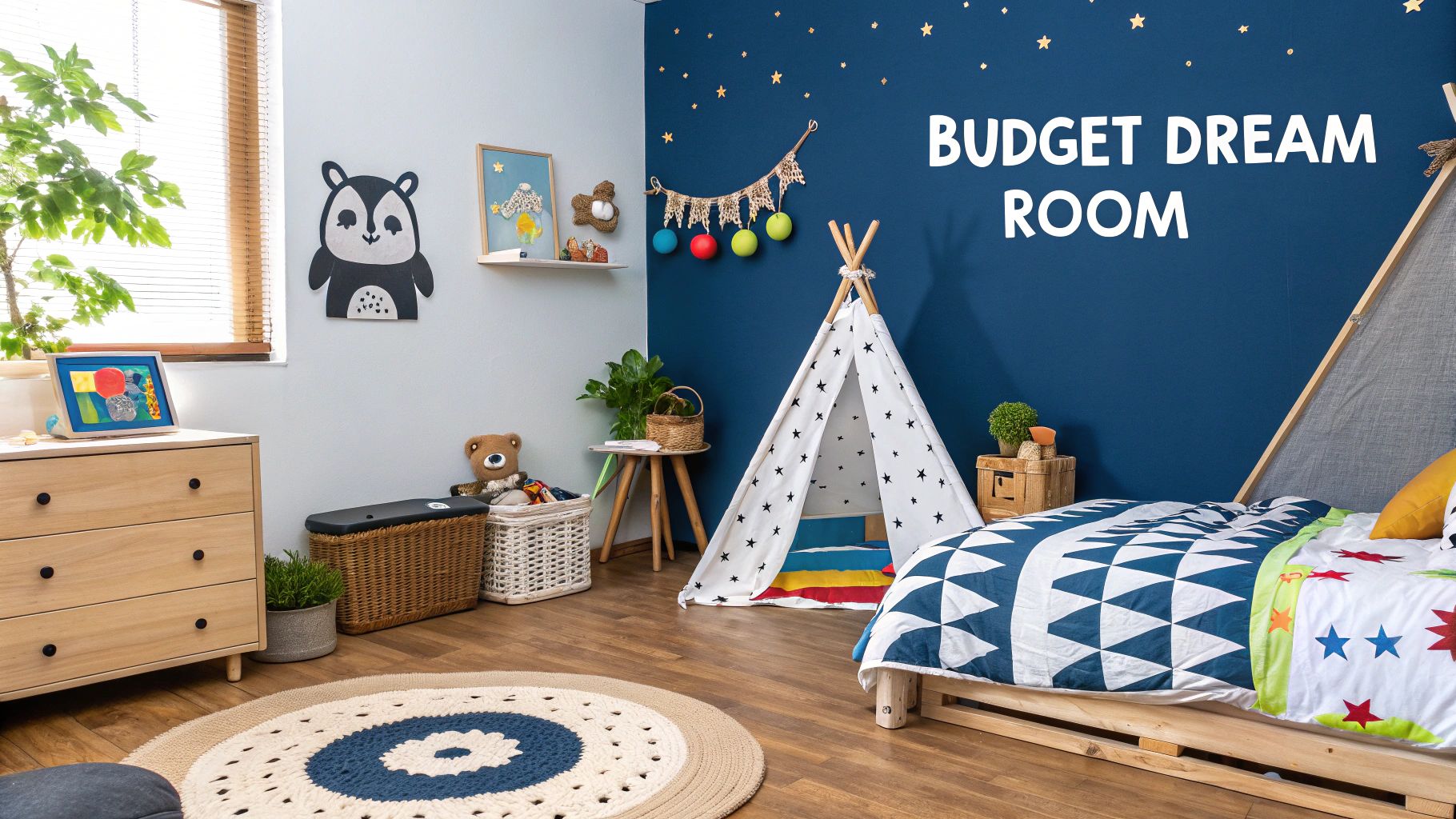 A modern and stylish kids bedroom featuring a bed with a light wood frame, a matching wardrobe, and a small desk, demonstrating a cohesive furniture set.