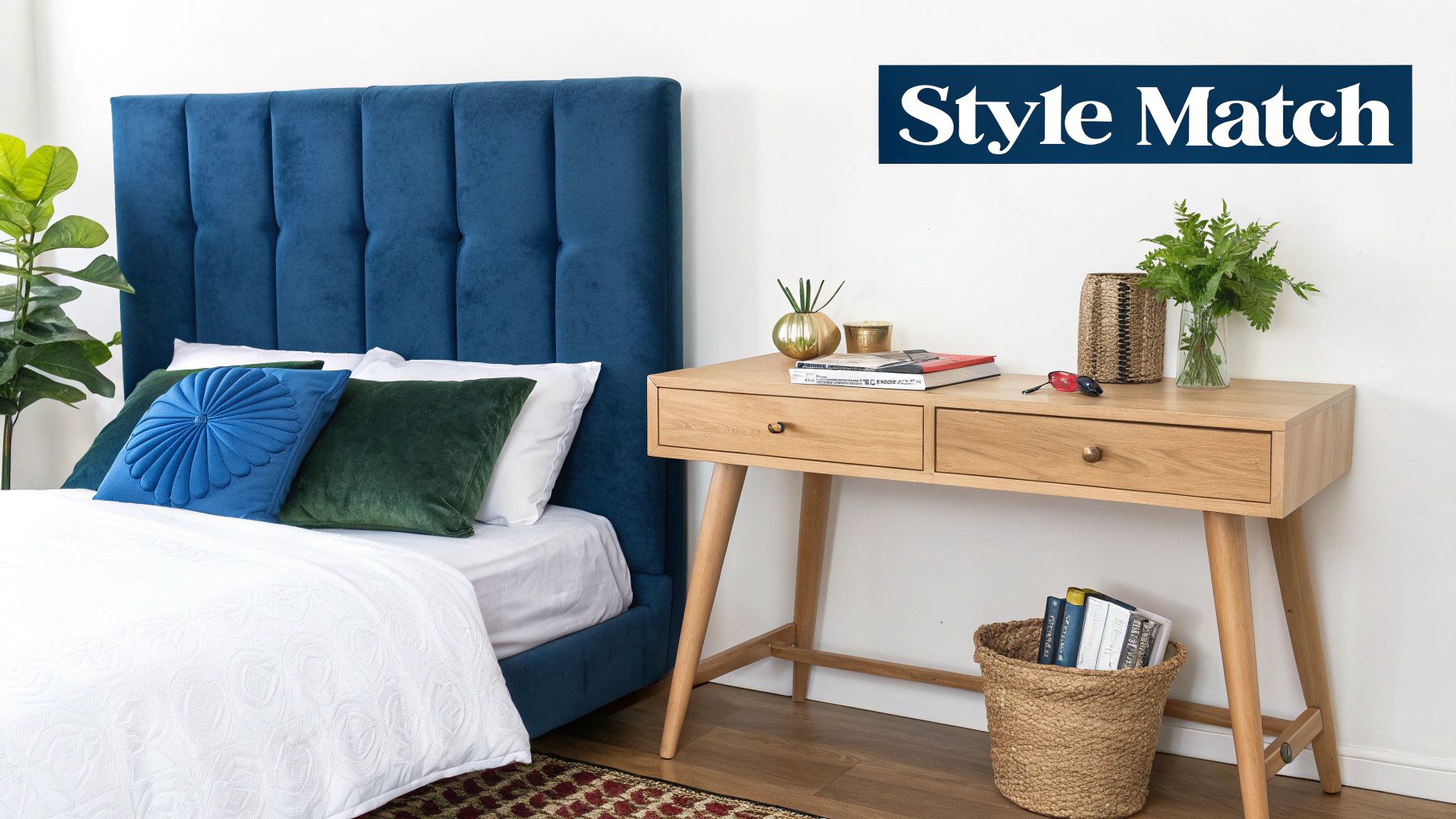 A stylish small desk in a modern bedroom setting