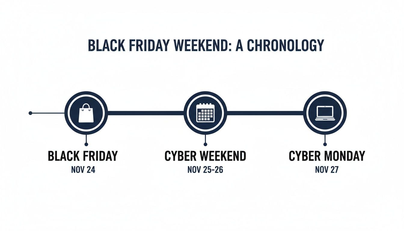 A Black Friday timeline showing Black Friday (Nov 24), Cyber Weekend (Nov 25-26), and Cyber Monday (Nov 27).