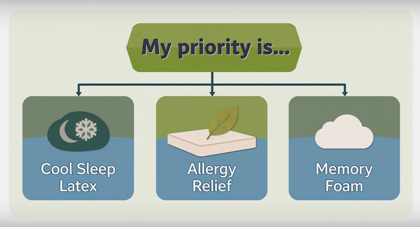 Infographic decision tree showing health priorities for choosing a latex vs memory foam mattress.