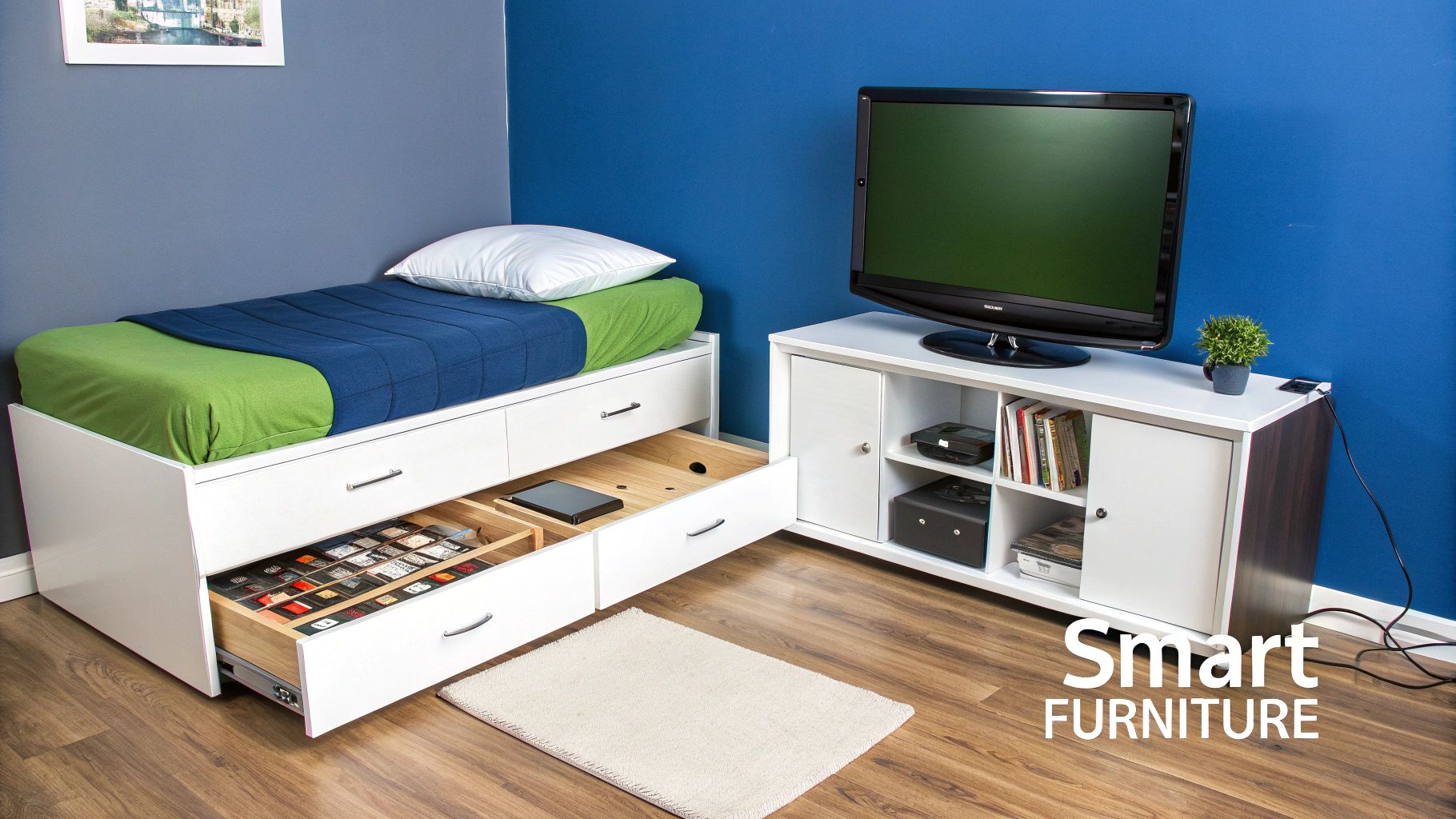 A modern bedroom featuring a white storage bed with green and blue bedding, and a white TV stand with a television, showcasing smart furniture solutions.