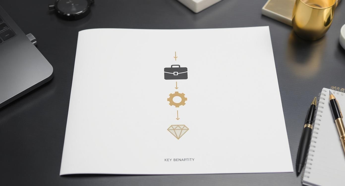 Business workflow infographic showing briefcase, gear, and diamond icons on white paper on office desk