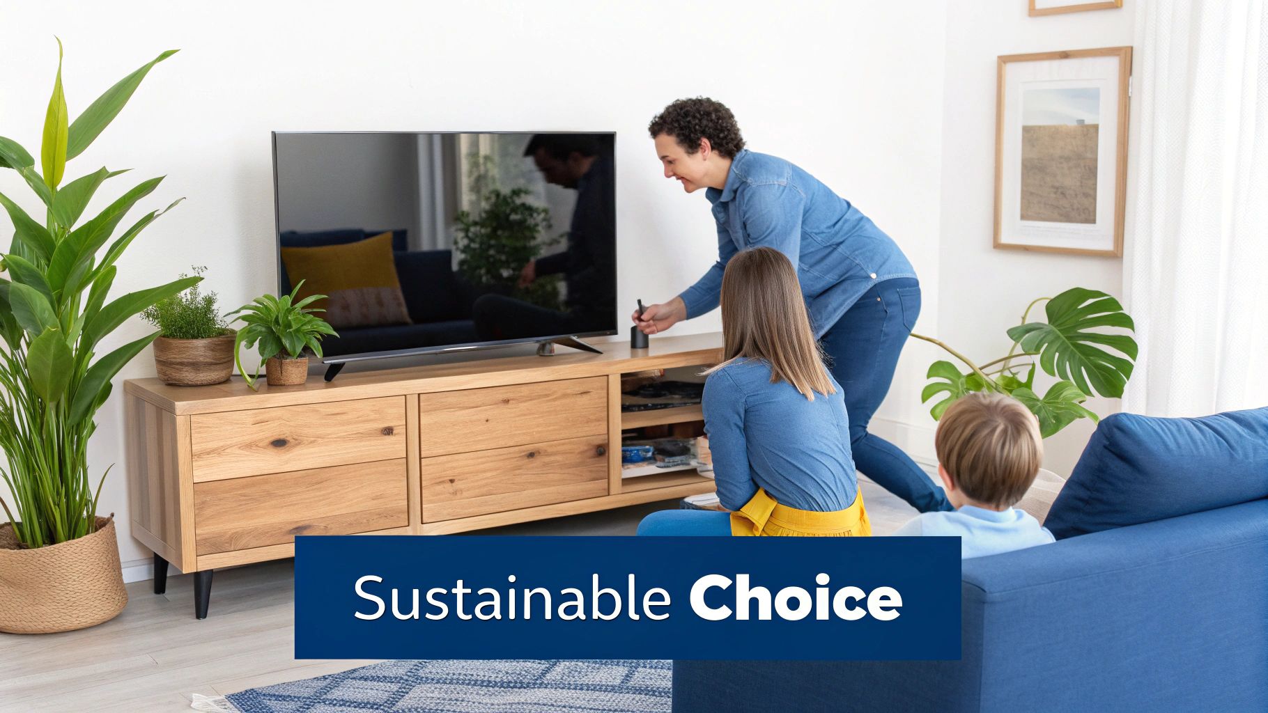 A family in a bright living room with a TV and plants. A woman shows something to a child.