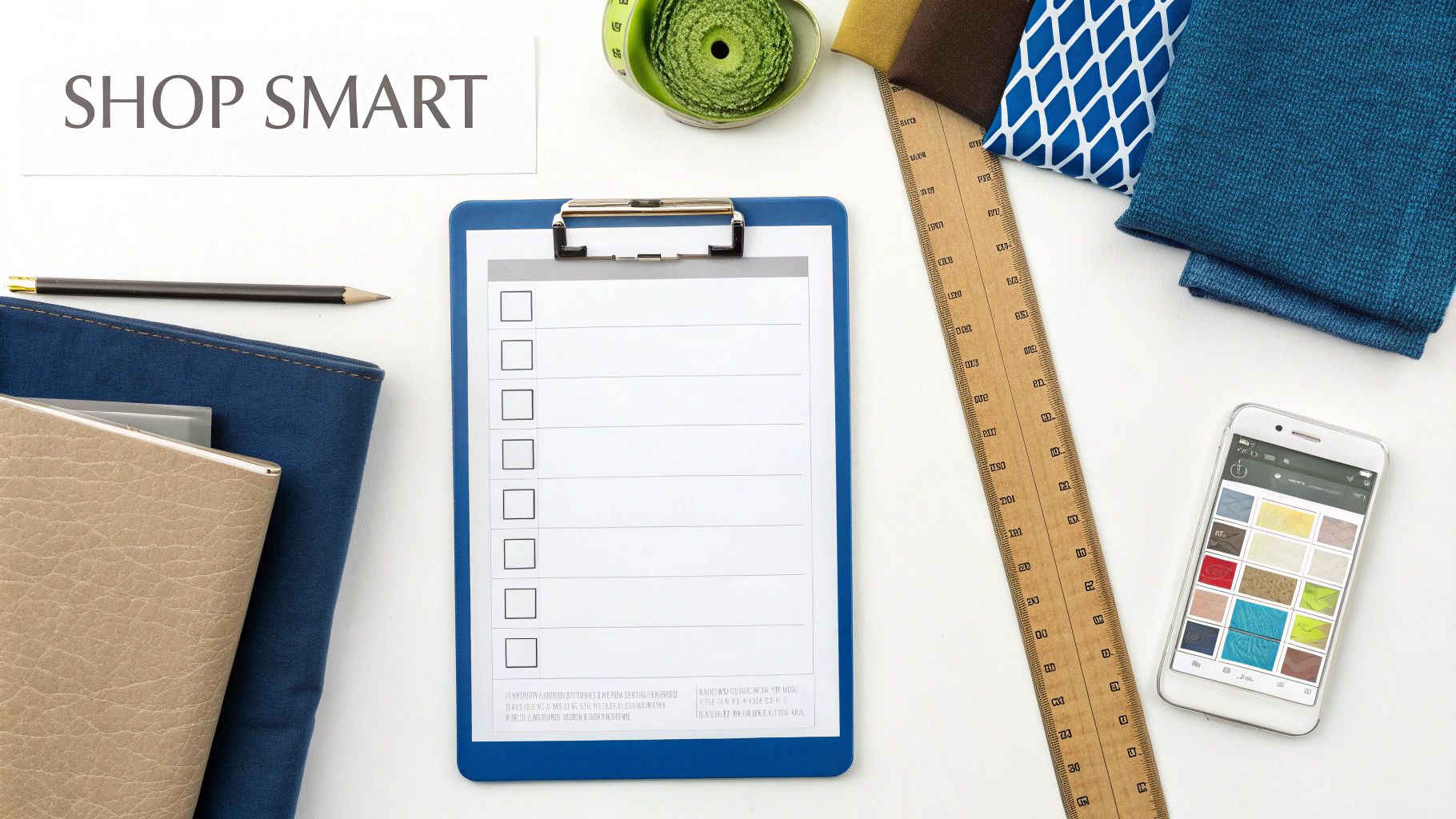 Overhead shot of 'Shop Smart' sign with a checklist, fabrics, measuring tools, and a smartphone.