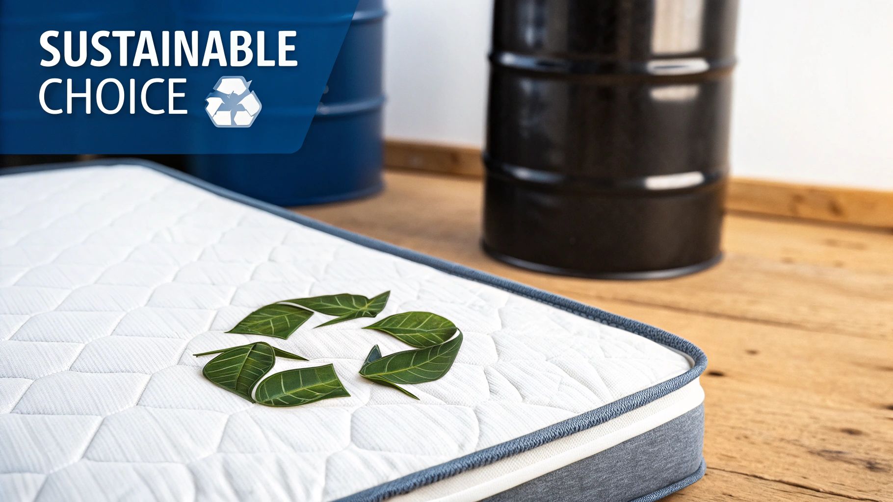 A lush green leaf resting on the corner of a white memory foam mattress, symbolising eco-friendliness and sustainability.
