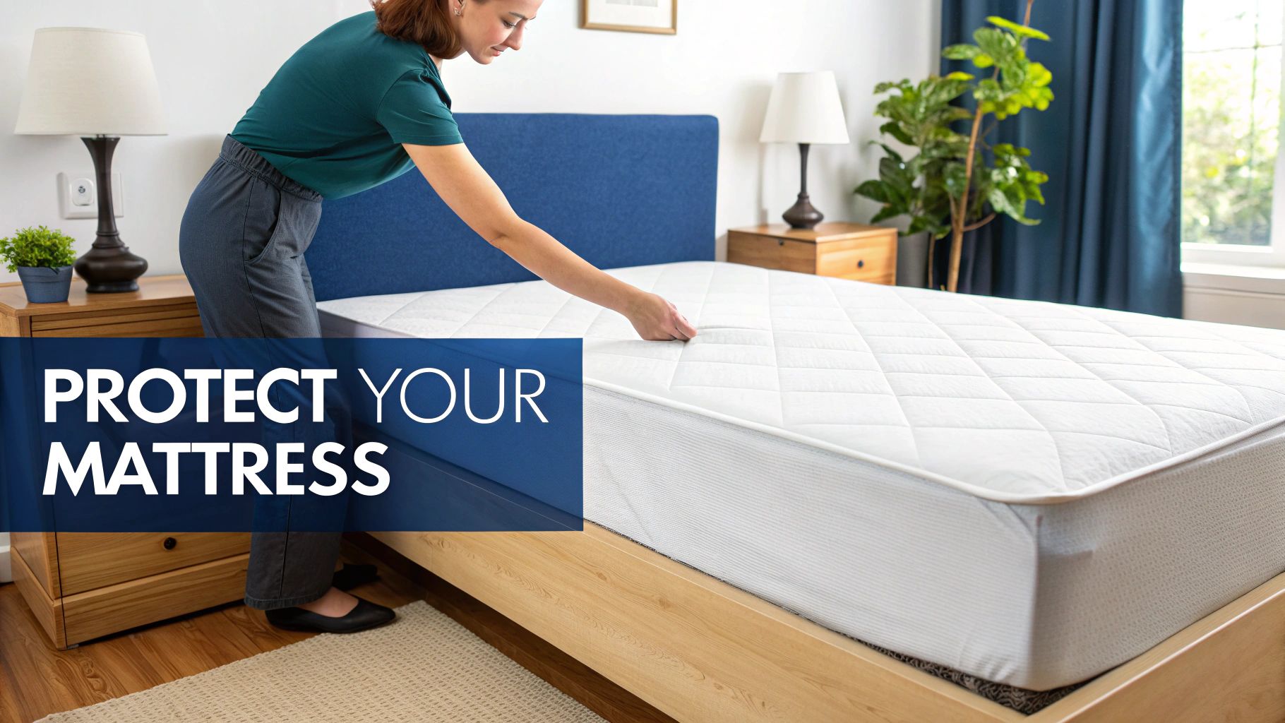 A person is fitting a white quilted mattress protector onto a bed in a well-lit bedroom.