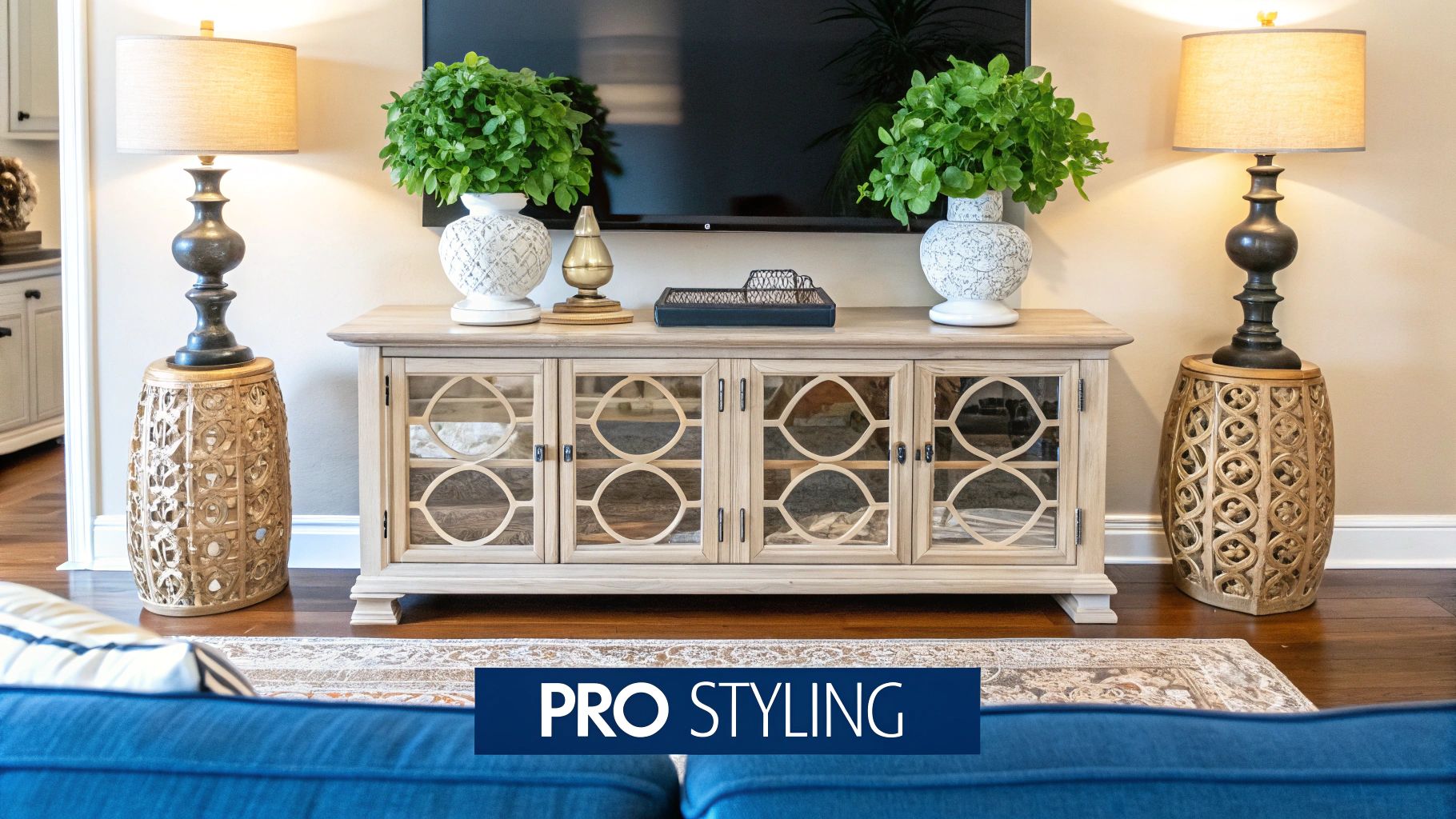 A beautifully styled modern console table with a large round mirror, a lamp, and decorative objects.