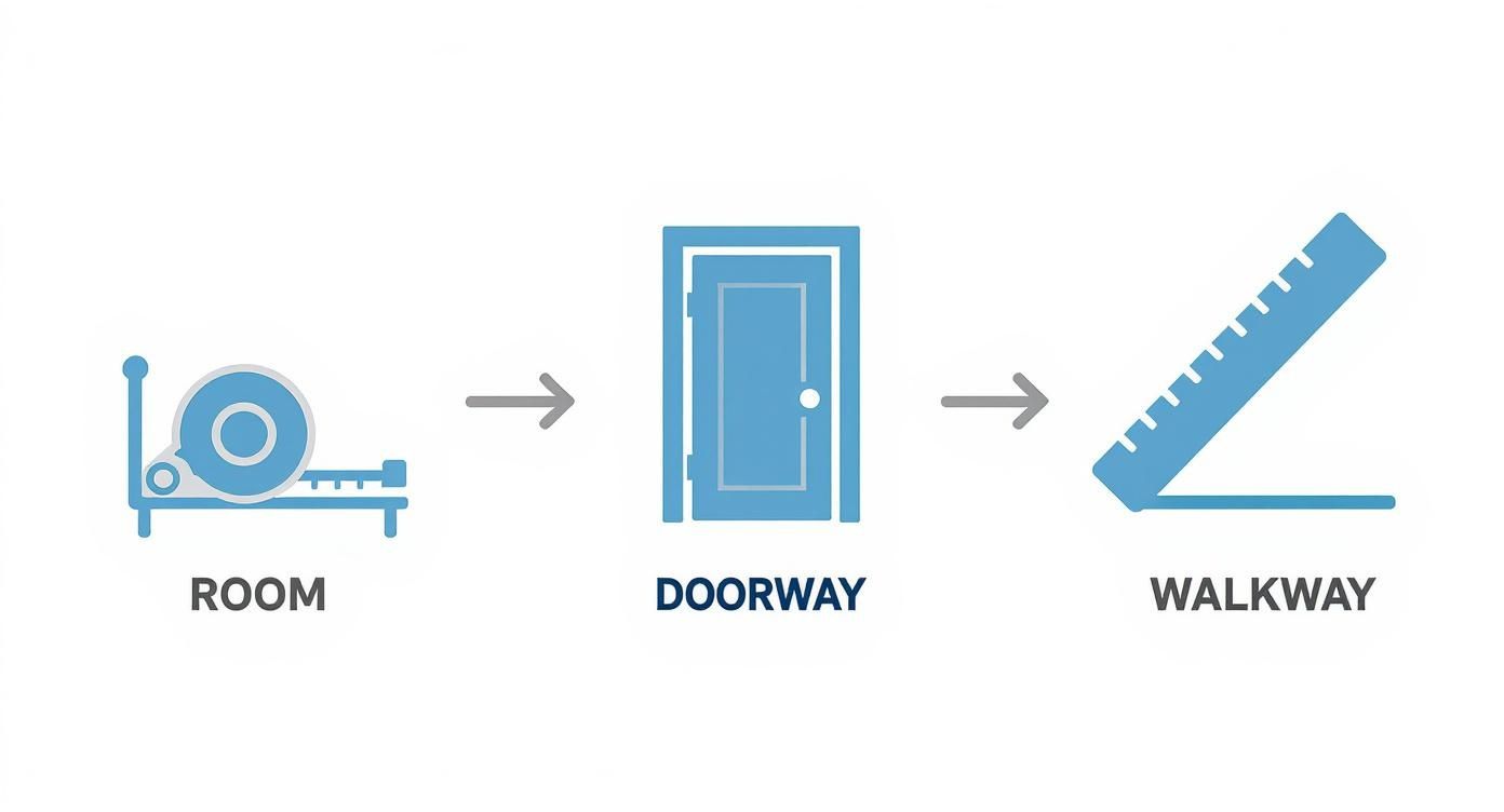 Infographic showing the process of measuring a room for a bed, including room dimensions, doorway clearance, and walkway space.