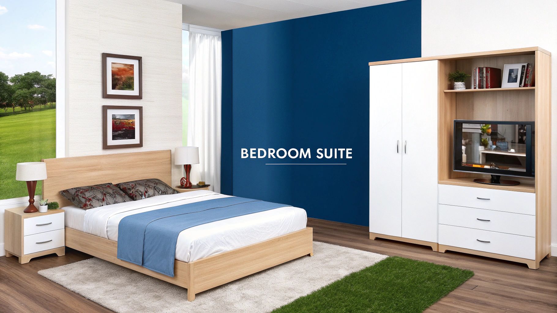 A fully furnished bedroom suite with a double bed, wardrobe, and side tables.