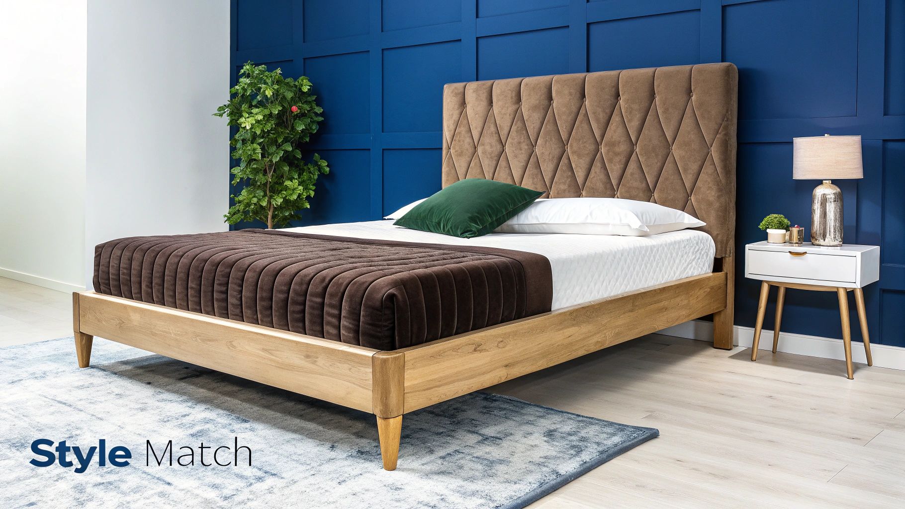A stylish bedroom showcasing a velvet upholstered bed frame with gold accents.