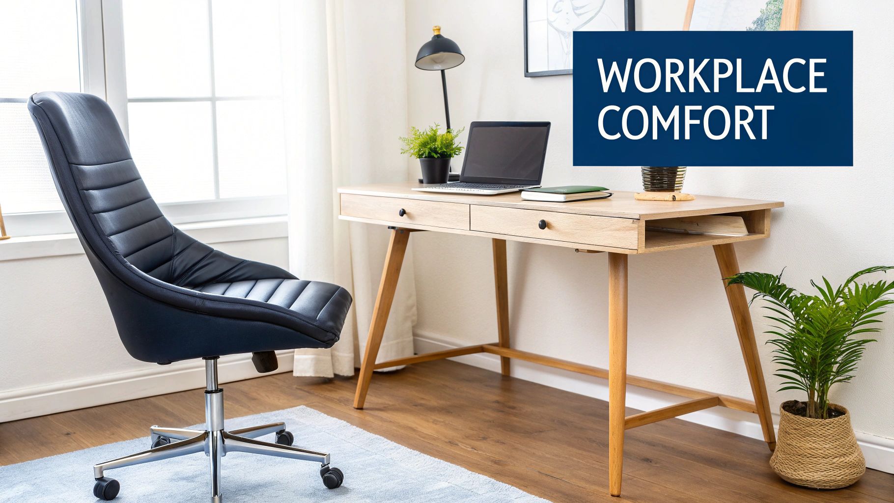 A modern desk chair with a leg rest in a stylish home office setting.