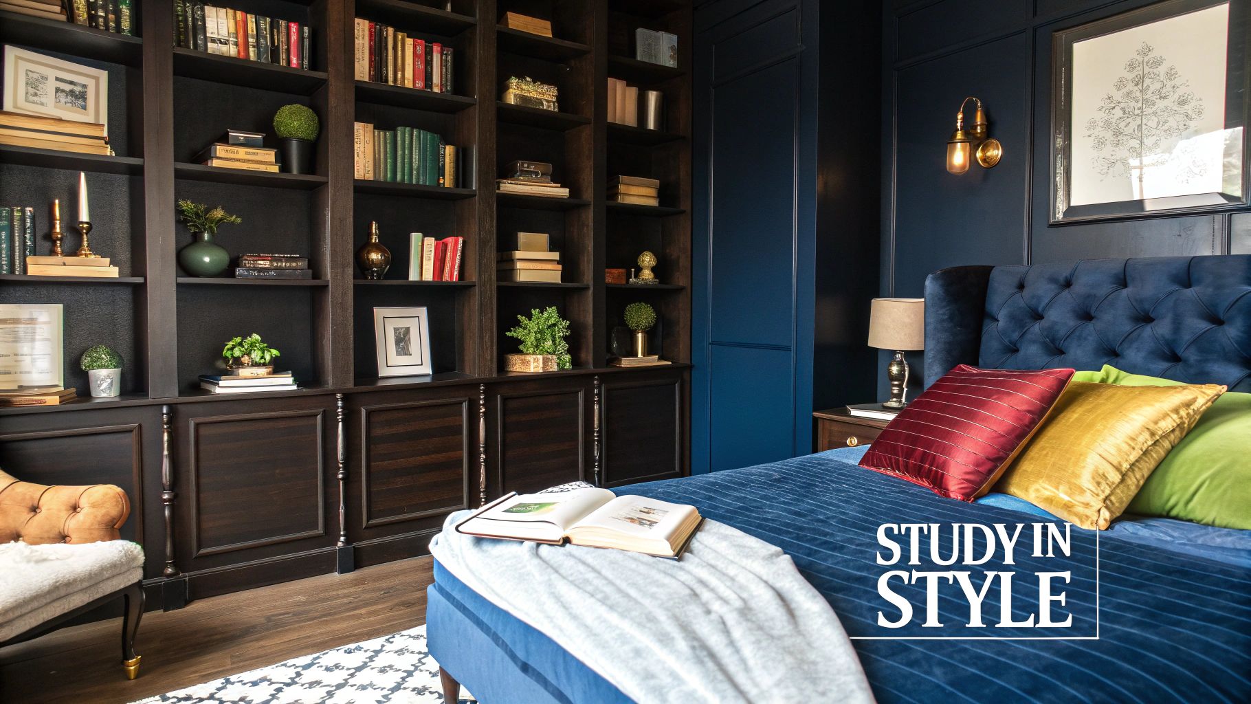 A modern bedroom with integrated smart lighting and sleek, minimalist furniture.