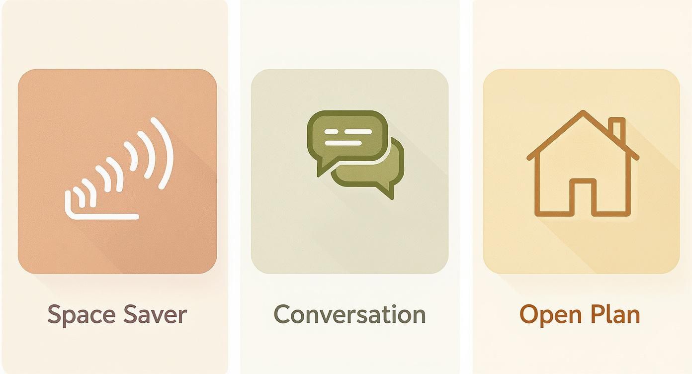 Three design concept cards: Space Saver with radiating waves, Conversation with chat bubbles, and Open Plan with a house icon.