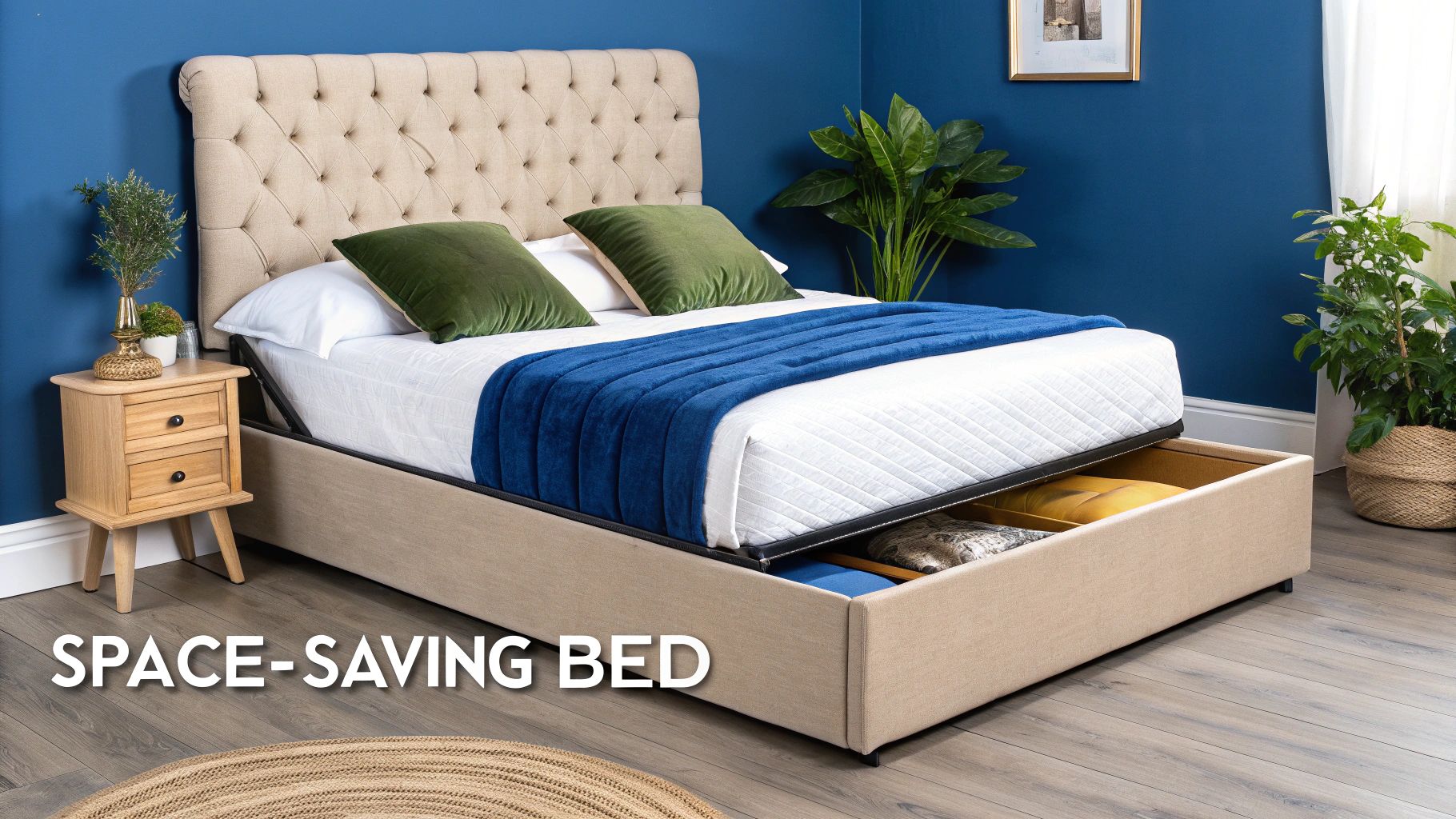 A modern, luxurious bedroom featuring a velvet-upholstered gas-lift bed with the storage compartment open, demonstrating space-saving functionality.