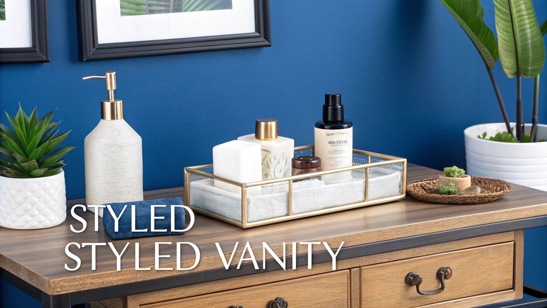 A stylish makeup vanity desk with a round mirror, organized trays, and a small plant.