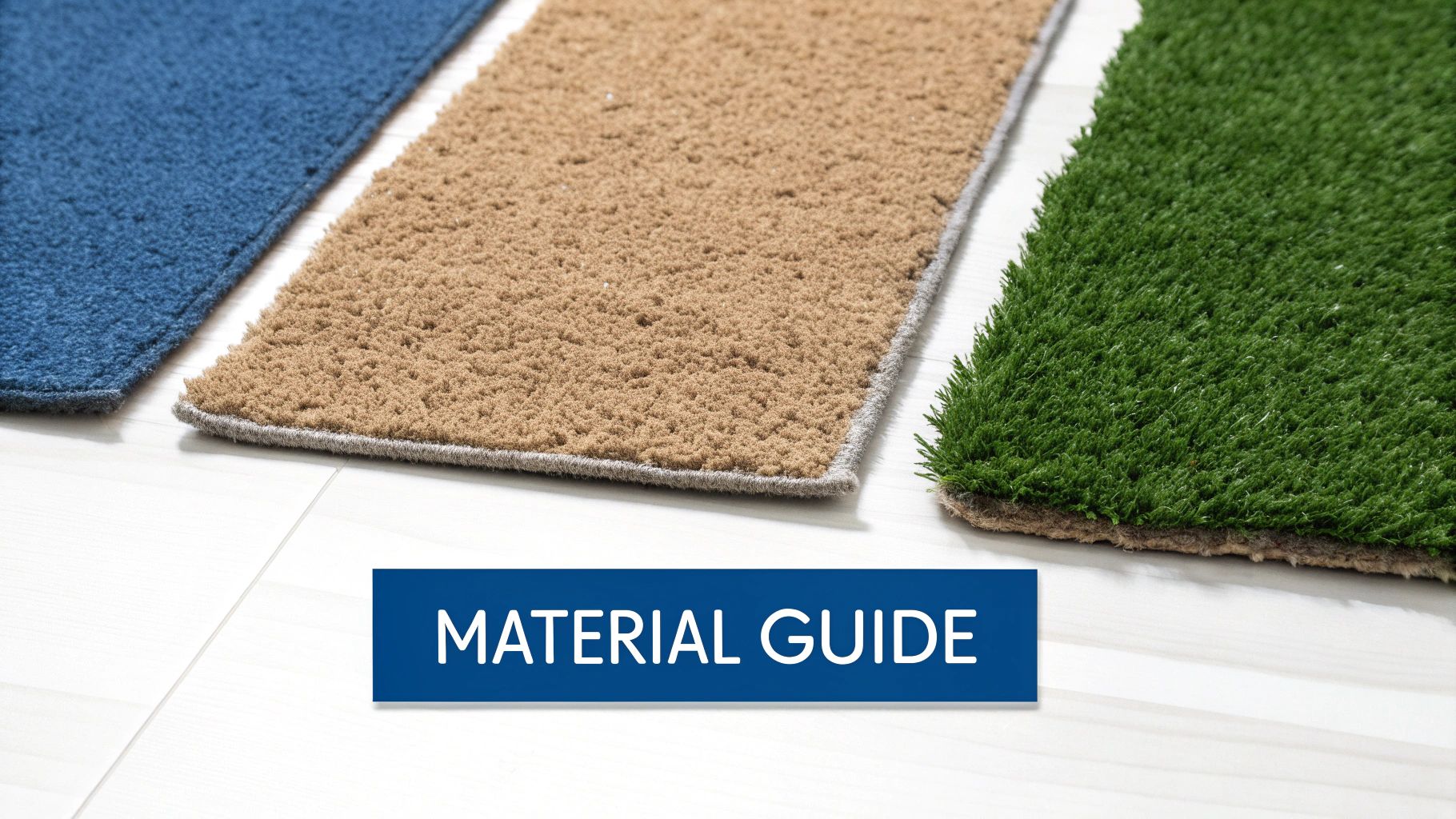 Close-up of three different rug samples in blue, beige, and green artificial grass textures, on a white floor.