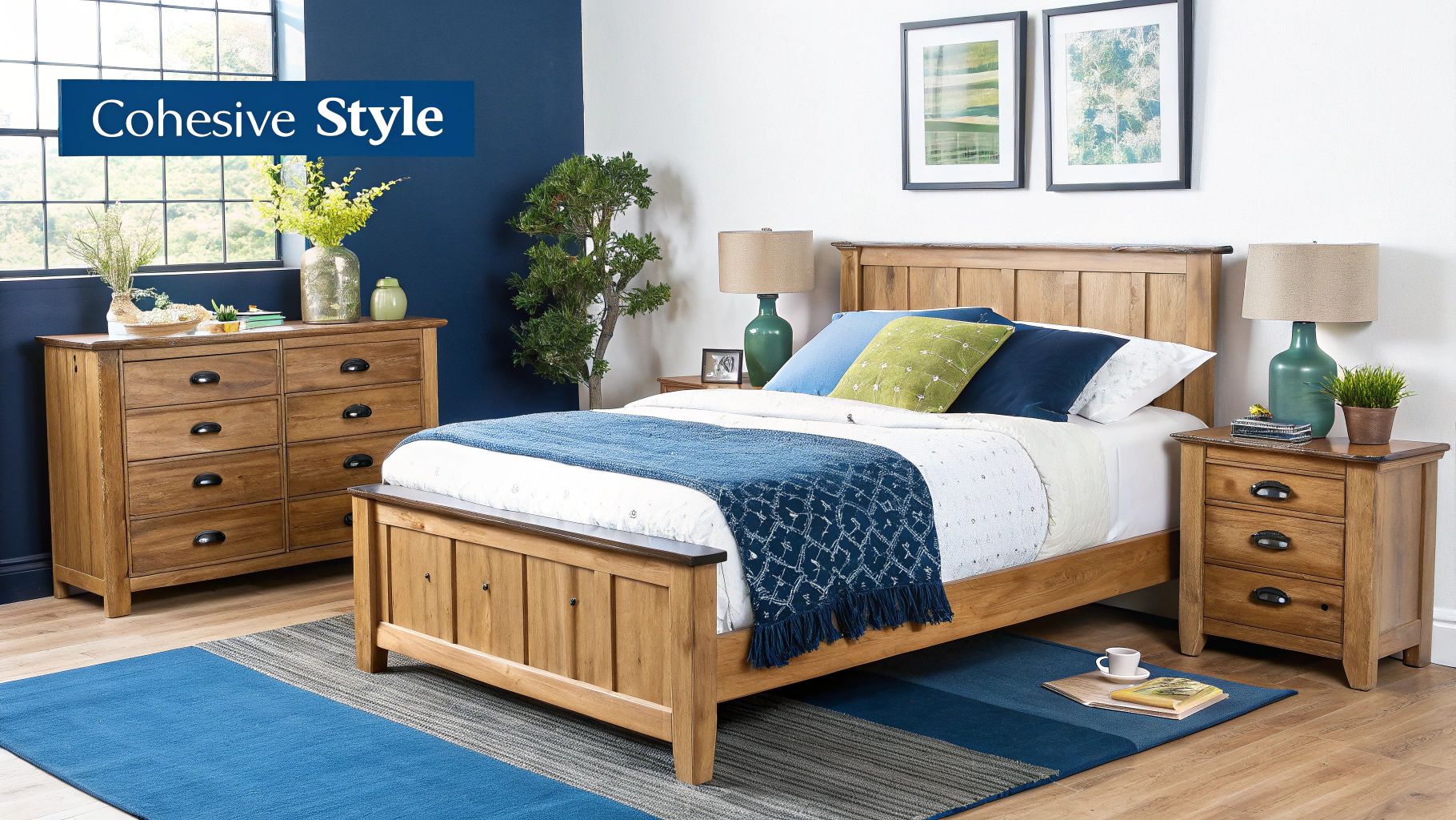 A beautifully styled bedroom with a double bed frame with drawers as the centrepiece, complemented by matching furniture and decor.