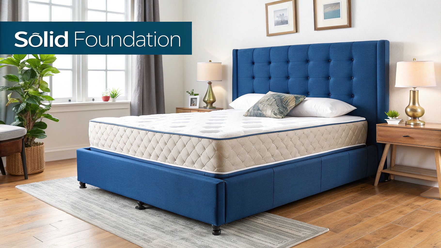 A stylish bedroom featuring a velvet upholstered bed frame and matching furniture.