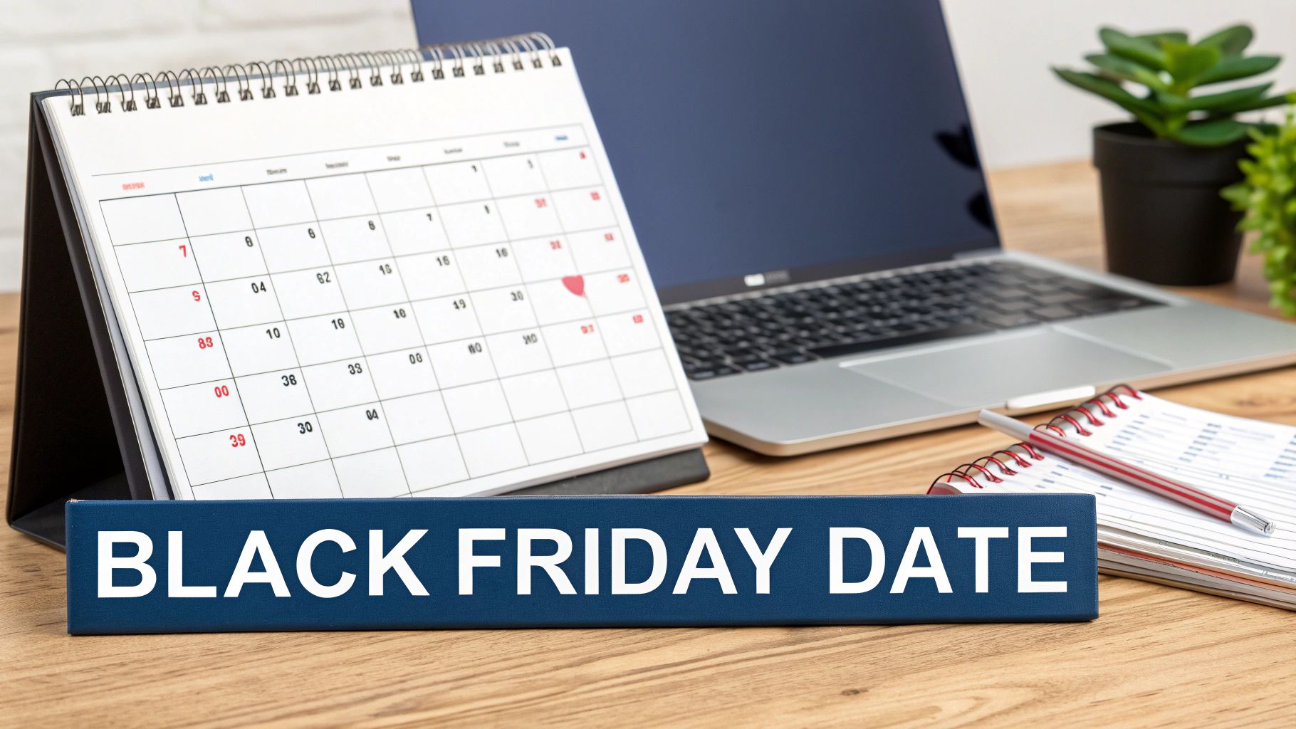 A desk calendar shows the date for Black Friday, accompanied by a laptop and notebook.
