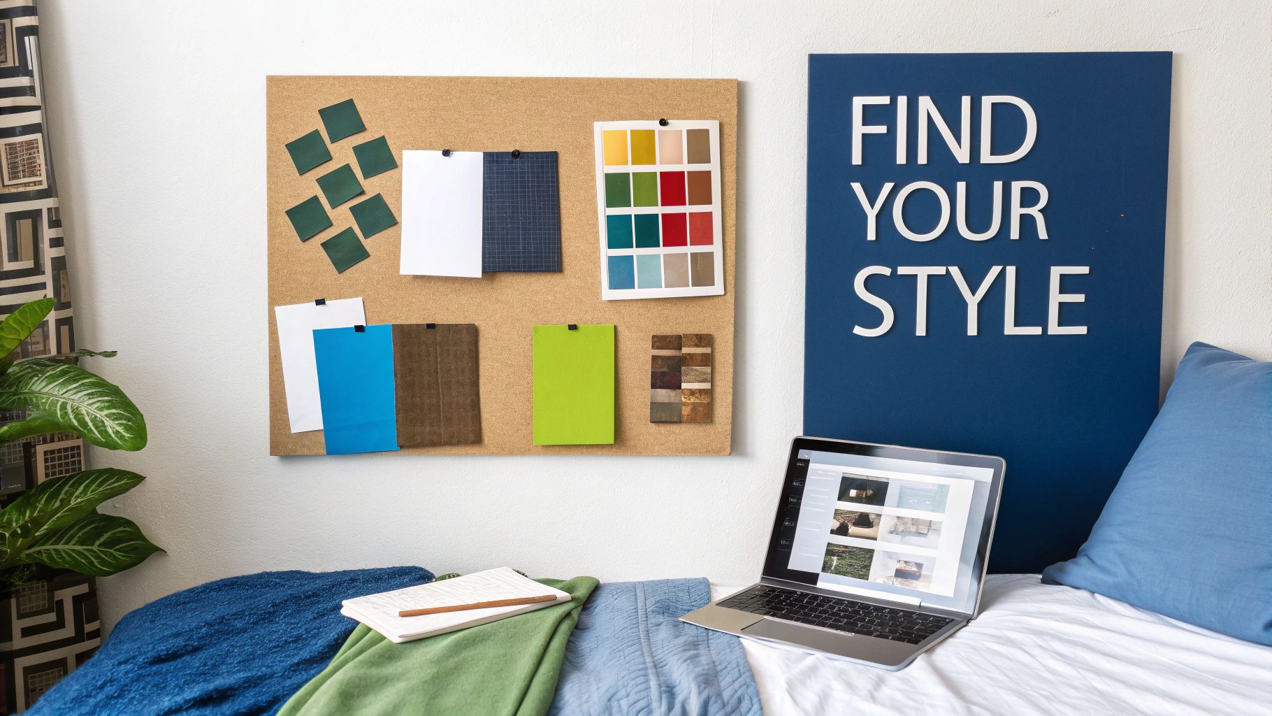 A bedroom with a design corkboard displaying style swatches, next to a 'Find Your Style' sign and a laptop.