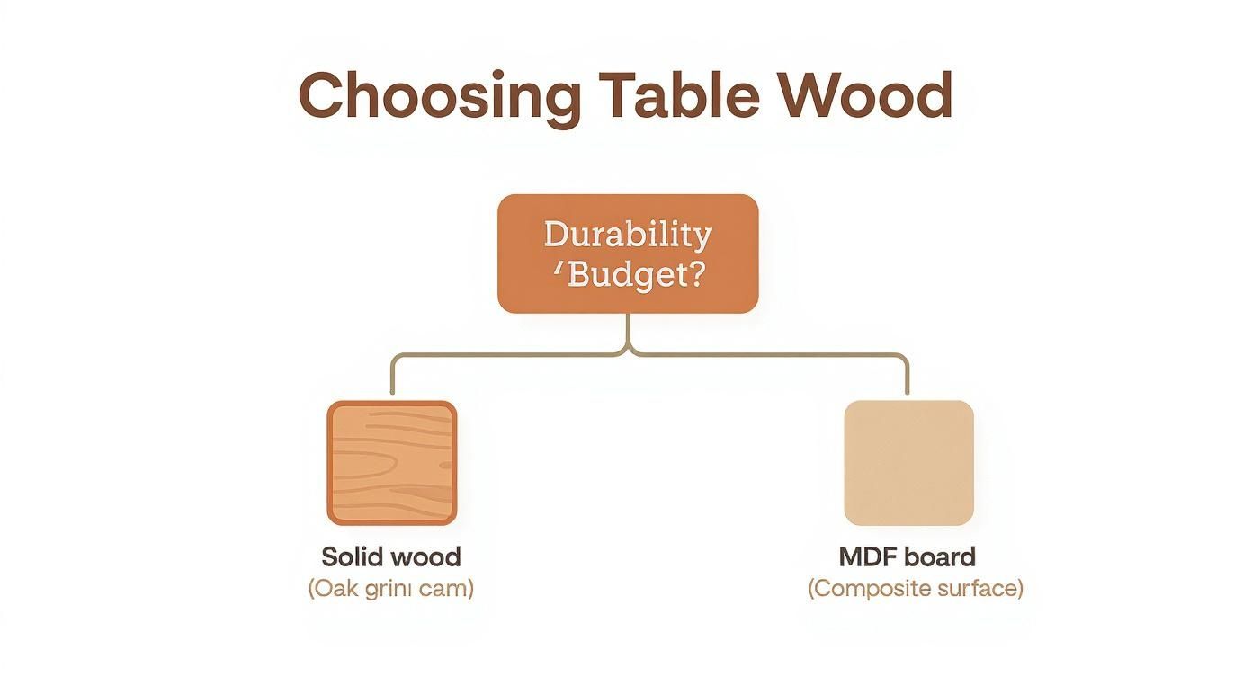 Flowchart showing how to choose table wood based on durability and budget, comparing solid wood and MDF.