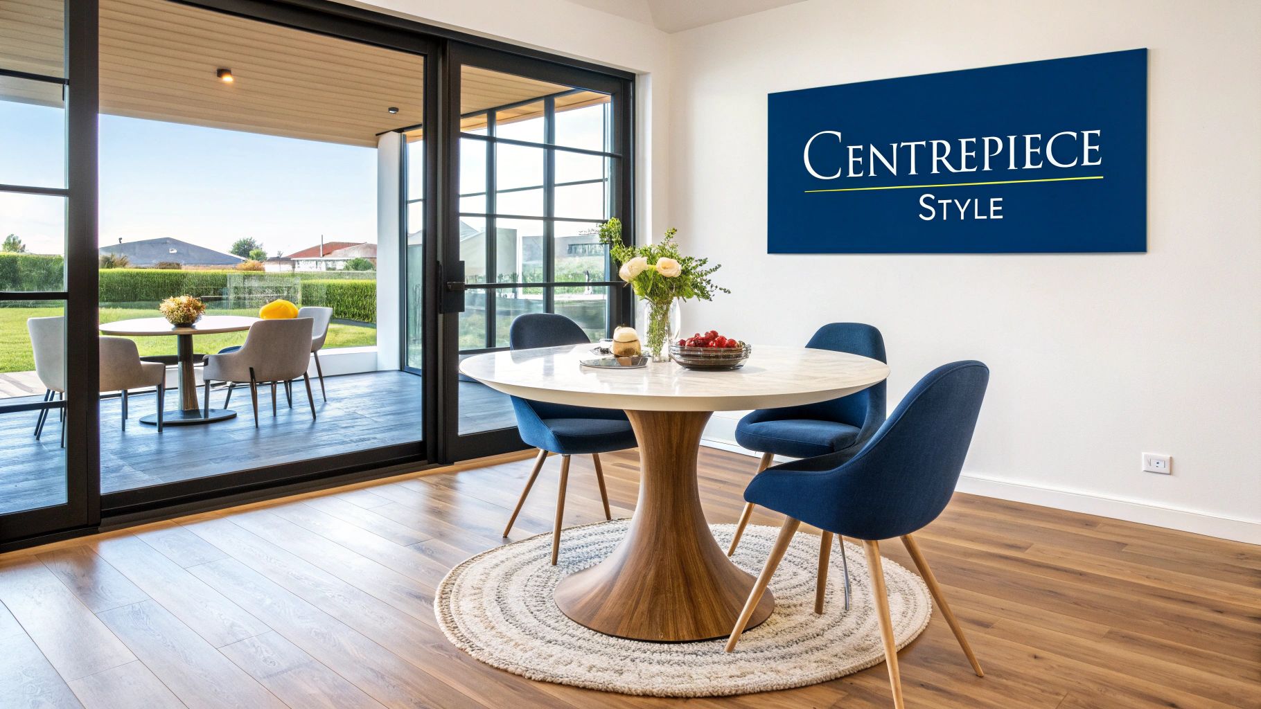 A stylish pedestal dining table in a modern dining room setting.