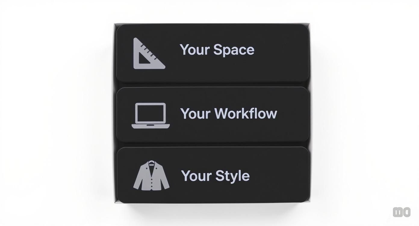 Infographic detailing desk size considerations based on space, workflow, and style.