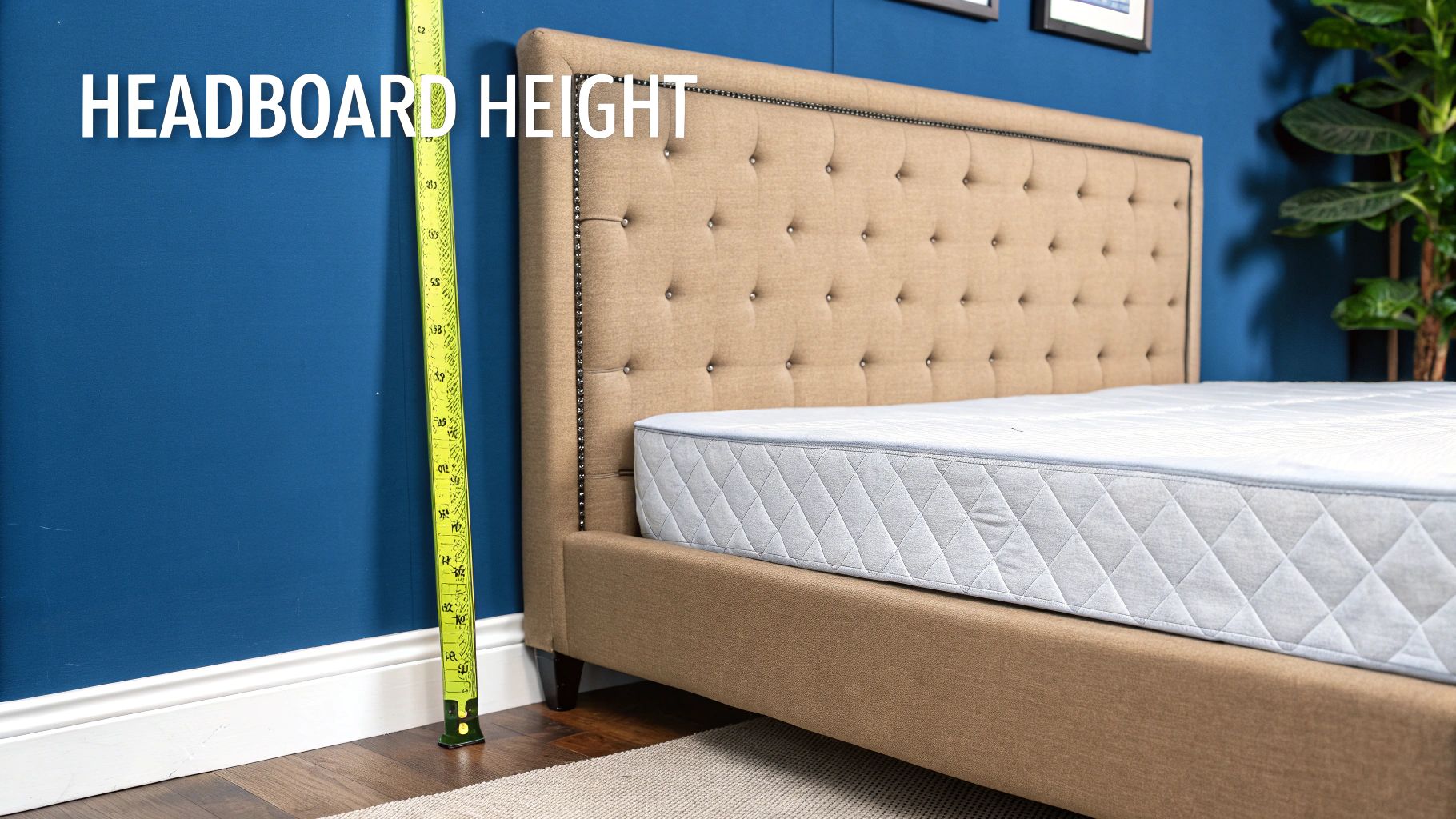 Measuring tape showing headboard height measurement against beige upholstered bed frame with blue wall