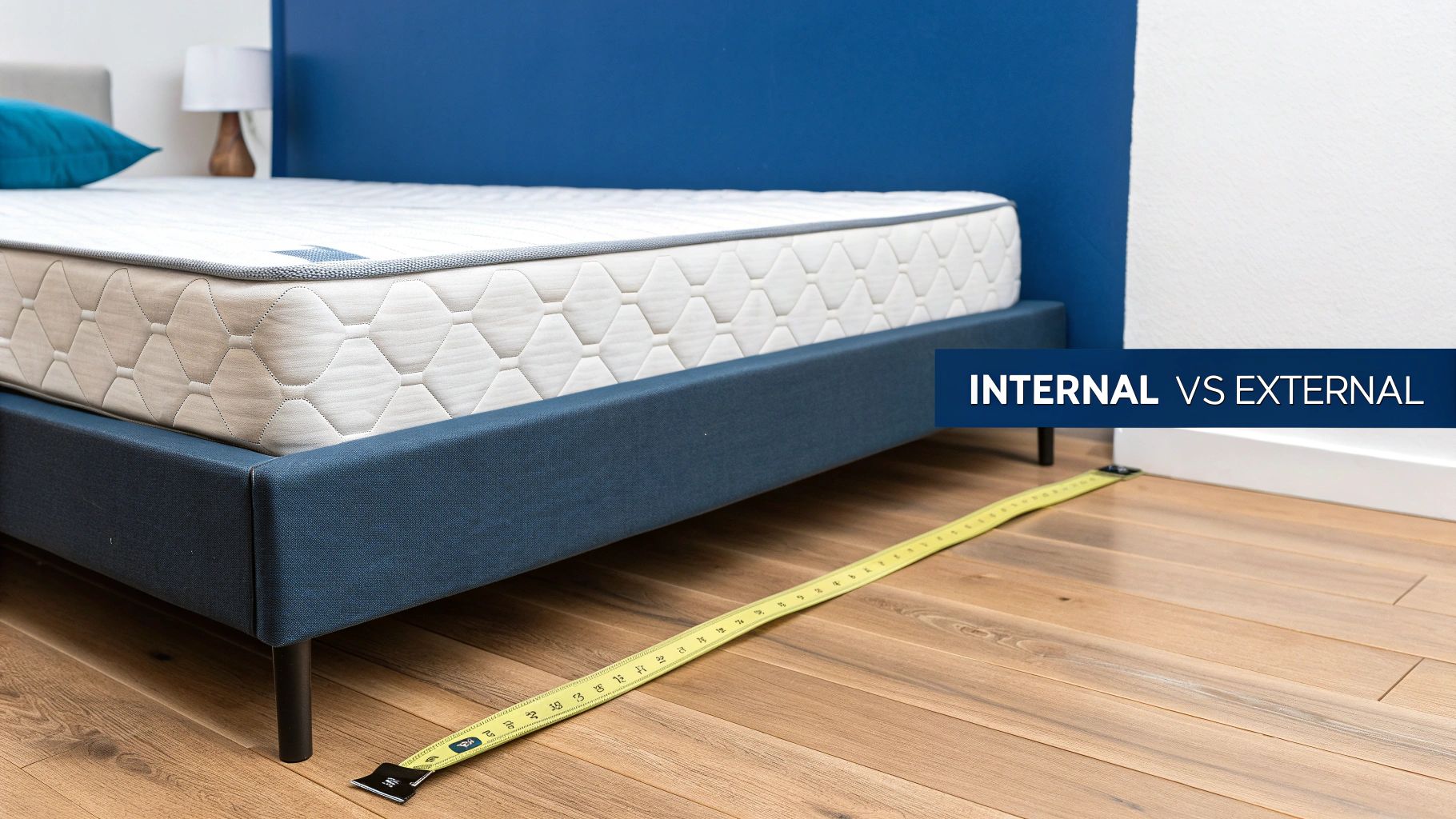 Measuring tape extended on floor beside blue upholstered queen bed frame with white mattress