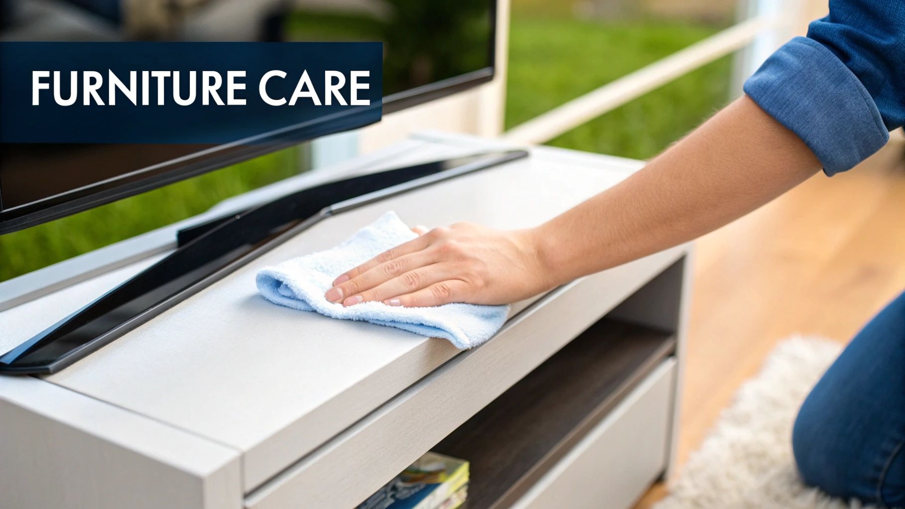 A close-up of a modern console table showcasing its material and finish, with a person gently wiping it clean.
