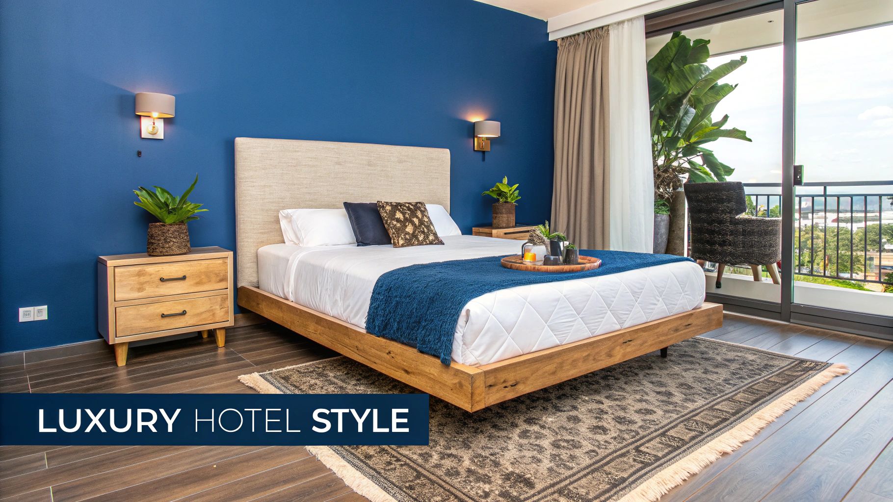 Modern luxury hotel bedroom featuring queen bed frame with wooden platform and blue accent wall