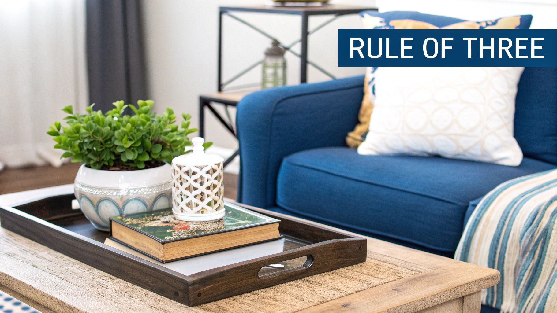 A stylishly decorated square coffee table in a modern living room
