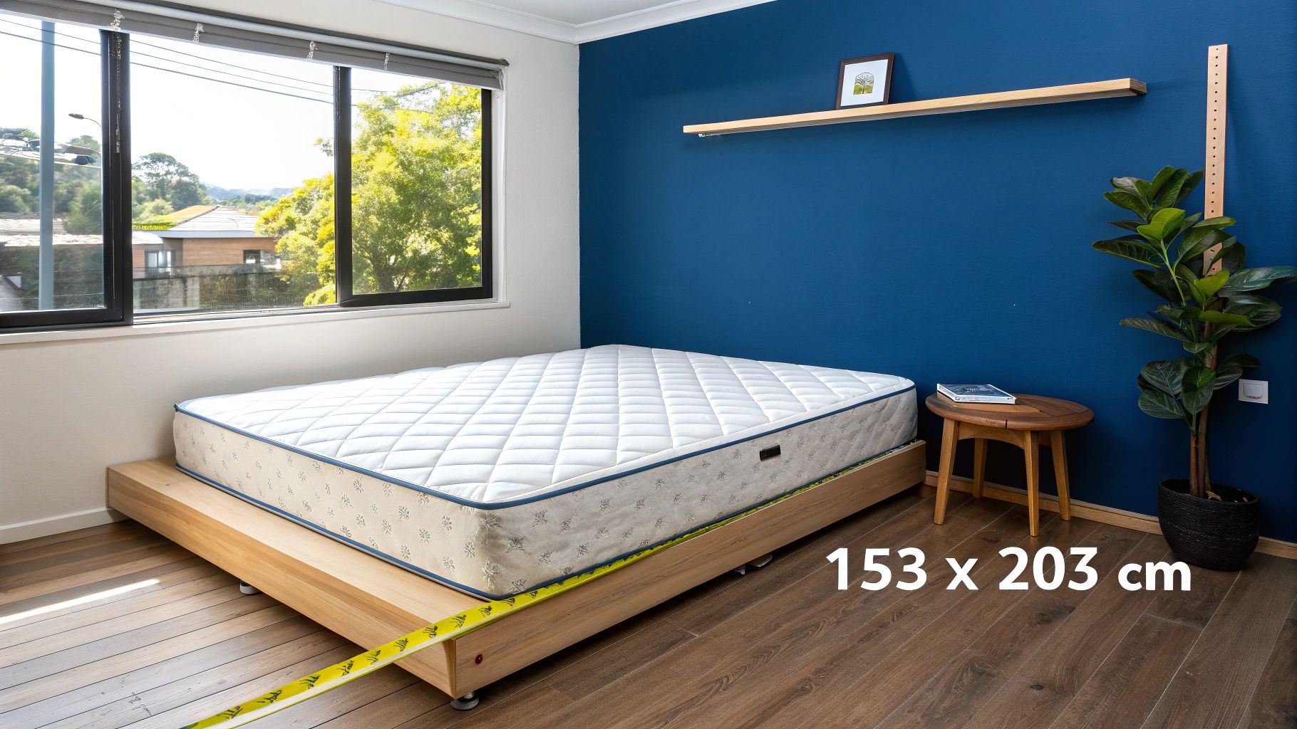 A bright bedroom featuring a queen-size mattress on a wooden platform bed with blue accent wall and window.