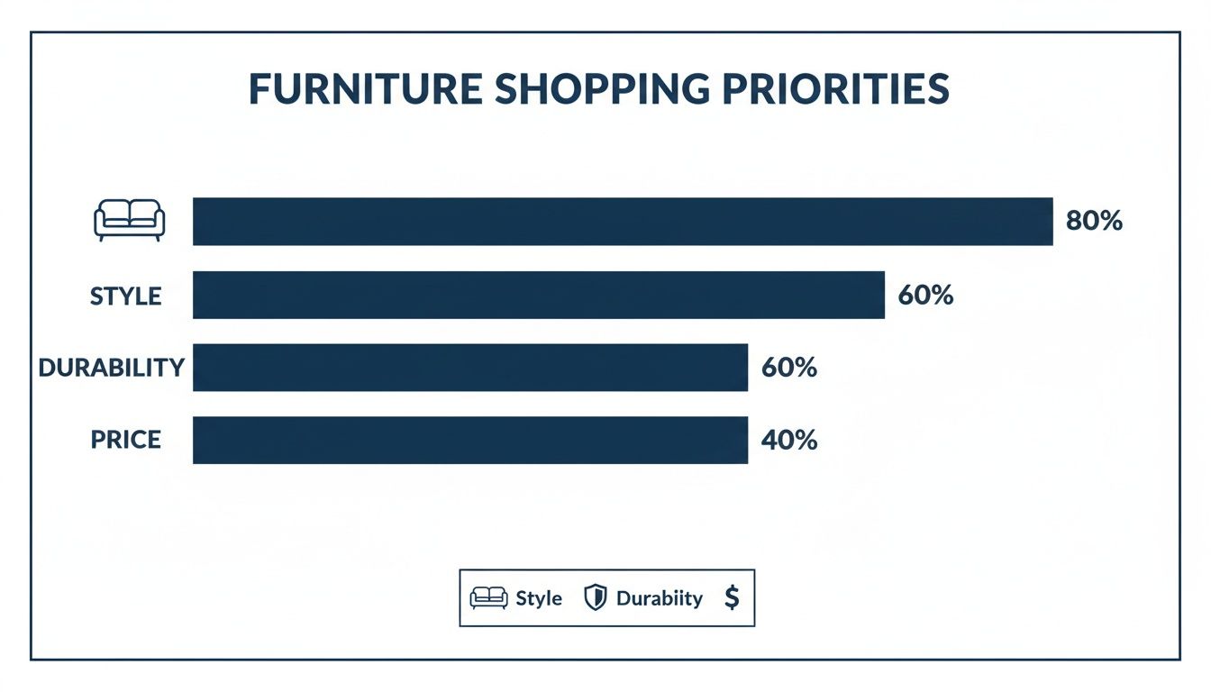 Bar chart showing furniture shopping priorities: Sofa 80%, Style 60%, Durability 60%, Price 40%.